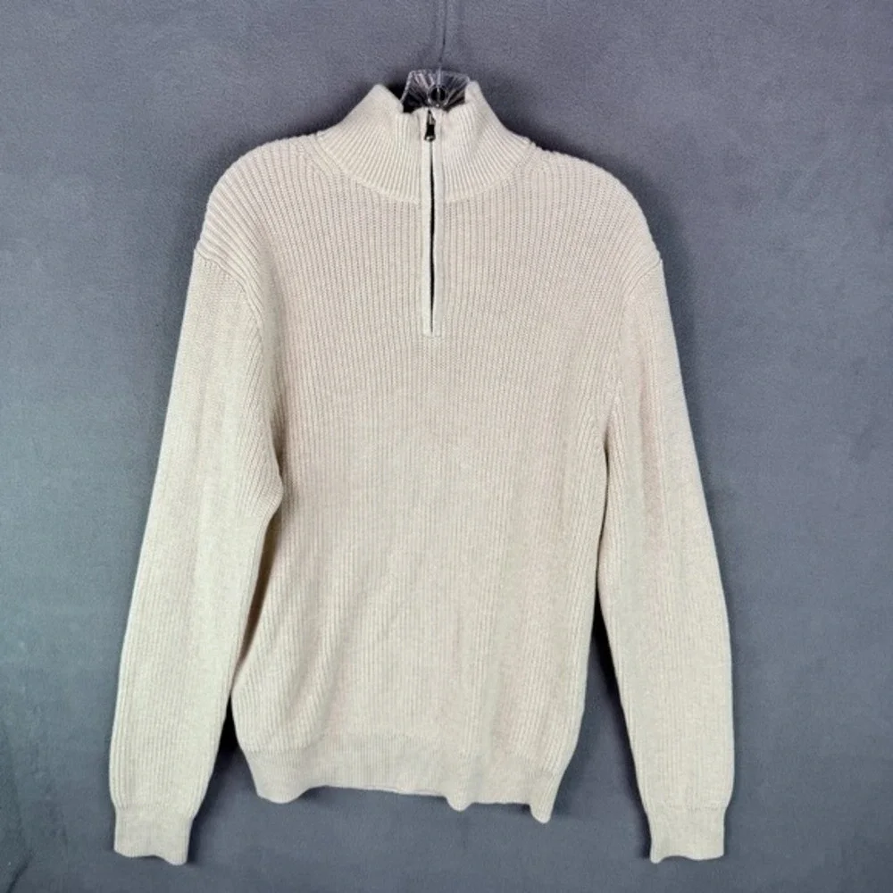 Knit for J. Crew Men's Chunky Ribbed Knit Sweater White 1/4 Zip Mock Neck‎ M